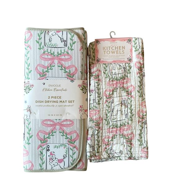 ENVOGUE Kitchen Dish Drying Mat & Towel Set of 4 Dogs & Pink Bows NEW - Picture 14 of 16